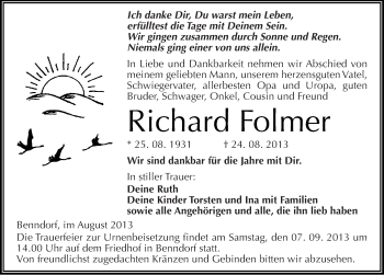 Traueranzeige von Richard Folmer von Mitteldeutsche Zeitung Mansfelder Land