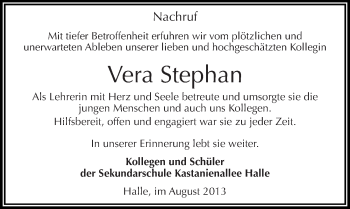 Traueranzeige von Vera Stephan von Mitteldeutsche Zeitung Halle/Saalkreis