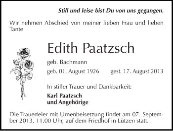 Traueranzeige von Edith Paatzsch von Mitteldeutsche Zeitung Weißenfels