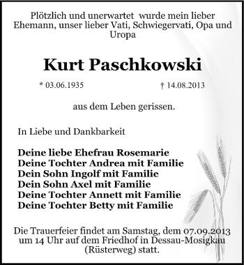 Traueranzeige von Kurt Paschkowski von Mitteldeutsche Zeitung Dessau-Roßlau