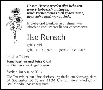 Traueranzeige von Ilse Rensch von Mitteldeutsche Zeitung Mansfelder Land
