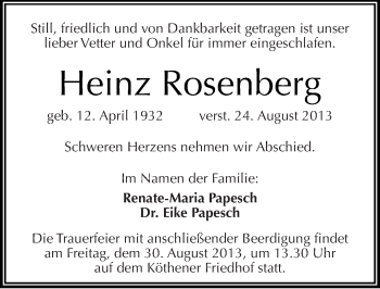 Traueranzeige von Heinz Rosenberg von Mitteldeutsche Zeitung Köthen