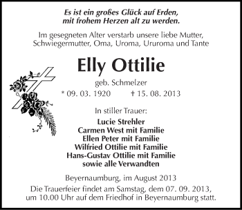 Traueranzeige von Elly Ottilie von Mitteldeutsche Zeitung Sangerhausen