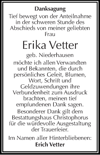 Traueranzeige von Erika Vetter von Mitteldeutsche Zeitung Halle/Saalkreis