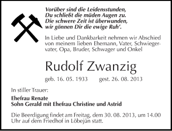 Traueranzeige von Rudolf Zwanzig von Mitteldeutsche Zeitung Halle/Saalkreis