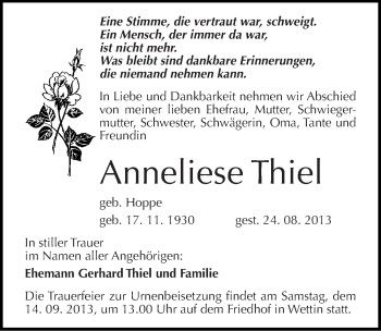 Traueranzeige von Anneliese Thiel von Mitteldeutsche Zeitung Halle/Saalkreis