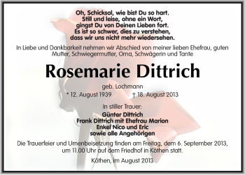 Traueranzeige von Rosemarie Dittrich von Mitteldeutsche Zeitung Köthen