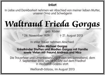 Traueranzeige von Waltraud Frieda Gorgas von Mitteldeutsche Zeitung Köthen