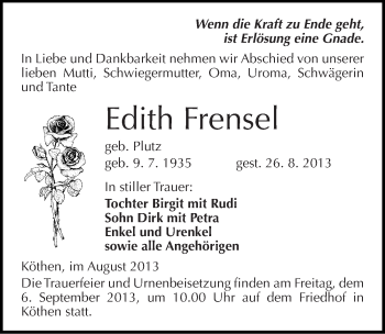 Traueranzeige von Edith Frensel von Mitteldeutsche Zeitung Köthen