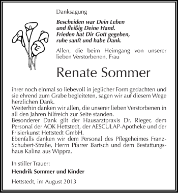 Traueranzeige von Renate Sommer von Mitteldeutsche Zeitung Mansfelder Land