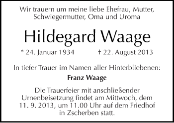 Traueranzeige von Hildegard Waage von Mitteldeutsche Zeitung Halle/Saalkreis