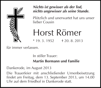 Traueranzeige von Horst Römer von Mitteldeutsche Zeitung Quedlinburg