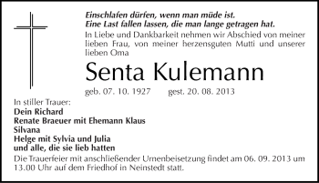 Traueranzeige von Senta Kulemann von Mitteldeutsche Zeitung Quedlinburg