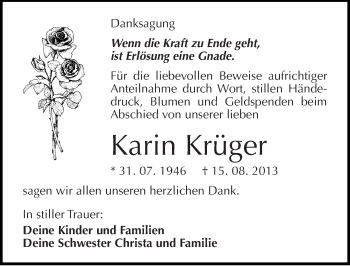 Traueranzeige von Karin Krüger von Mitteldeutsche Zeitung Bitterfeld