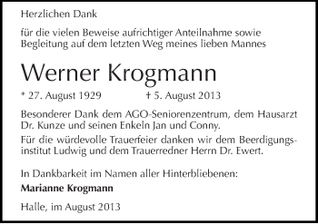 Traueranzeige von Werner Krogmann von Mitteldeutsche Zeitung Halle/Saalkreis