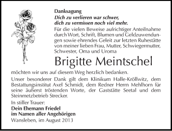 Traueranzeige von Brigitte Meintschel von Mitteldeutsche Zeitung Mansfelder Land
