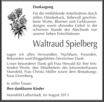 Traueranzeige von Waltraud Spielberg von Mitteldeutsche Zeitung Mansfelder Land