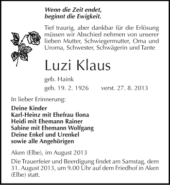 Traueranzeige von Luzi Klaus von Mitteldeutsche Zeitung Köthen