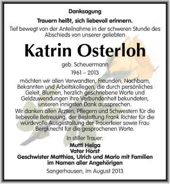 Traueranzeige von Katrin Osterloh von Mitteldeutsche Zeitung Sangerhausen