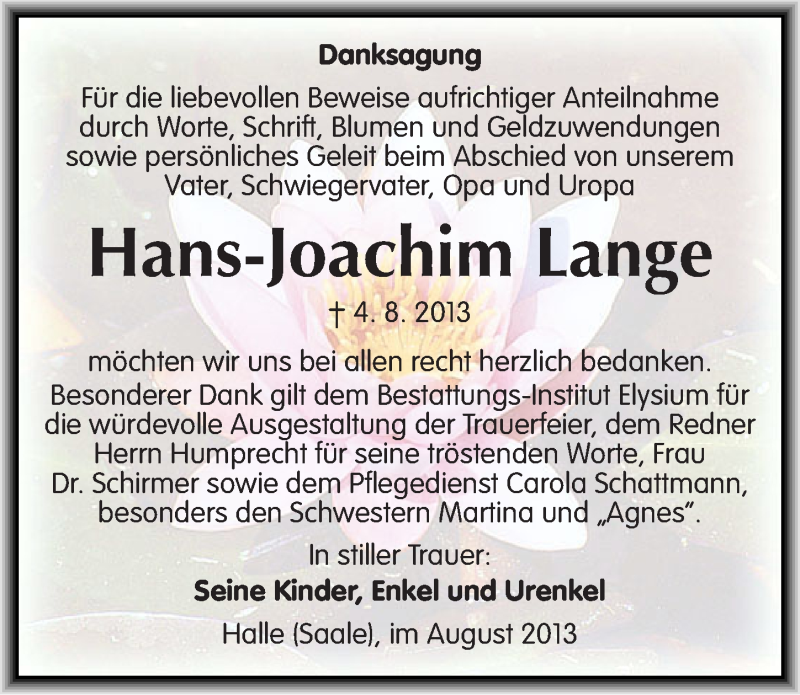 Traueranzeige für Hans-Joachim Lange vom 31.08.2013 aus Mitteldeutsche Zeitung Halle/Saalkreis