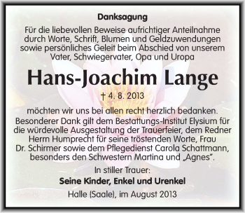 Traueranzeige von Hans-Joachim Lange von Mitteldeutsche Zeitung Halle/Saalkreis