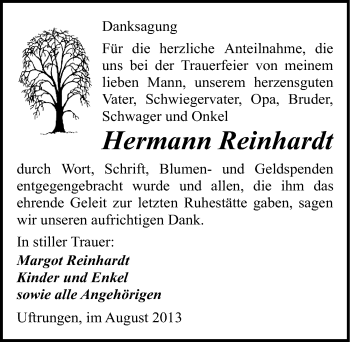 Traueranzeige von Hermann Reinhardt von Mitteldeutsche Zeitung Sangerhausen