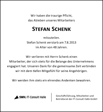 Traueranzeige von Stefan Schenk von Mitteldeutsche Zeitung Halle/Saalkreis