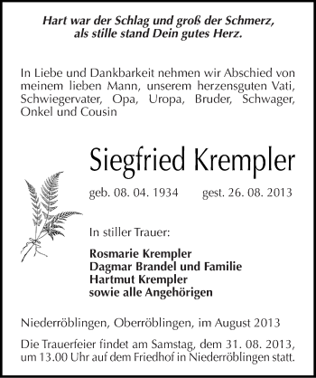 Traueranzeige von Siegfried Krempler von Mitteldeutsche Zeitung Sangerhausen