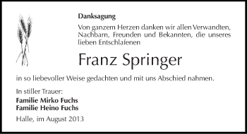 Traueranzeige von Franz Springer von Mitteldeutsche Zeitung Halle/Saalkreis
