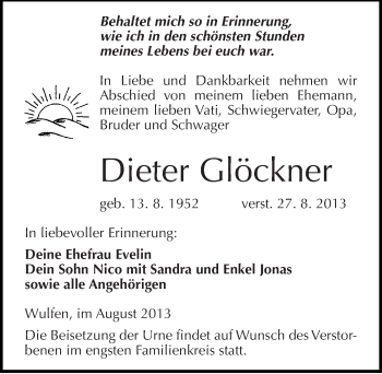 Traueranzeige von Dieter Glöckner von Mitteldeutsche Zeitung Köthen