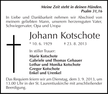 Traueranzeige von Johann Kotschote von Mitteldeutsche Zeitung Halle/Saalkreis