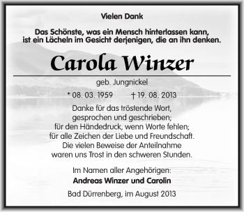 Traueranzeige von Carola Winzer von Mitteldeutsche Zeitung Merseburg/Querfurt