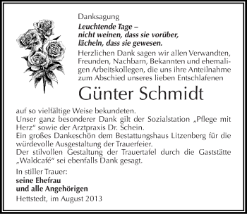 Traueranzeige von Günter Schmidt von Mitteldeutsche Zeitung Mansfelder Land