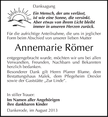 Traueranzeige von Annemarie Römer von Mitteldeutsche Zeitung Quedlinburg