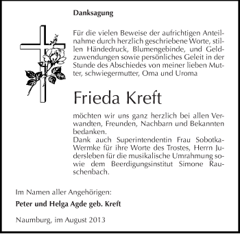 Traueranzeige von Frieda Kreft von Mitteldeutsche Zeitung Naumburg/Nebra
