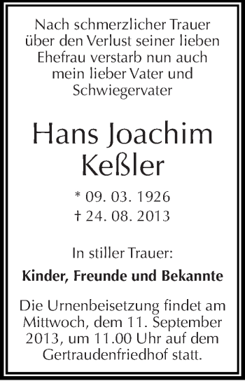 Traueranzeige von Hans Joachim Keßler von Mitteldeutsche Zeitung Halle/Saalkreis