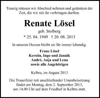Traueranzeige von Renate Lösel von Mitteldeutsche Zeitung Sangerhausen