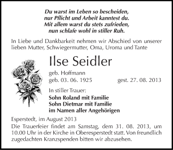 Traueranzeige von Ilse Seidler von Mitteldeutsche Zeitung Merseburg/Querfurt