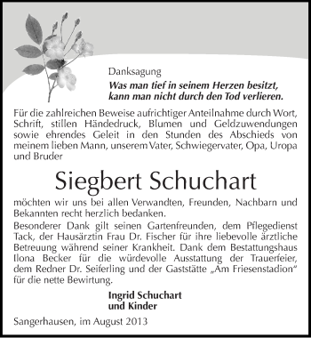 Traueranzeige von Siegbert Schuchart von Mitteldeutsche Zeitung Sangerhausen