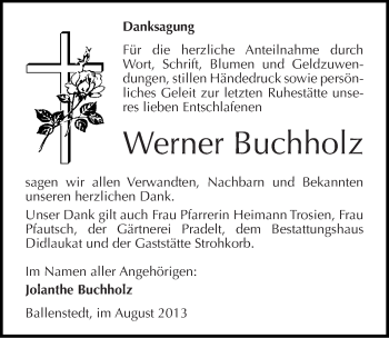 Traueranzeige von Werner Buchholz von Mitteldeutsche Zeitung Quedlinburg