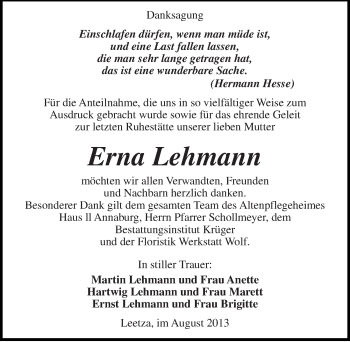 Traueranzeige von Erna Lehmann von Mitteldeutsche Zeitung Wittenberg