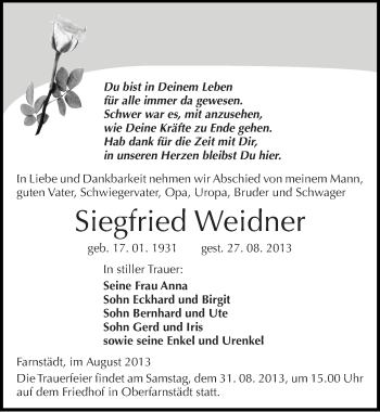 Traueranzeige von Siegfried Weidner von Mitteldeutsche Zeitung Merseburg/Querfurt