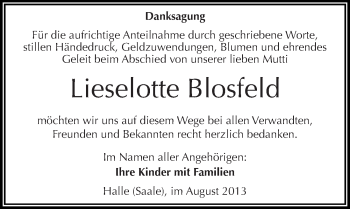 Traueranzeige von Lieselotte Blosfeld von Mitteldeutsche Zeitung Halle/Saalkreis