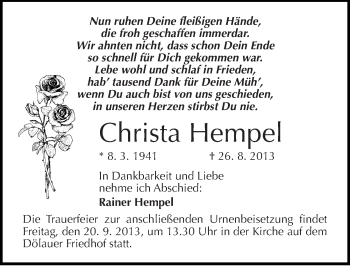 Traueranzeige von Christa Hempel von Mitteldeutsche Zeitung Halle/Saalkreis