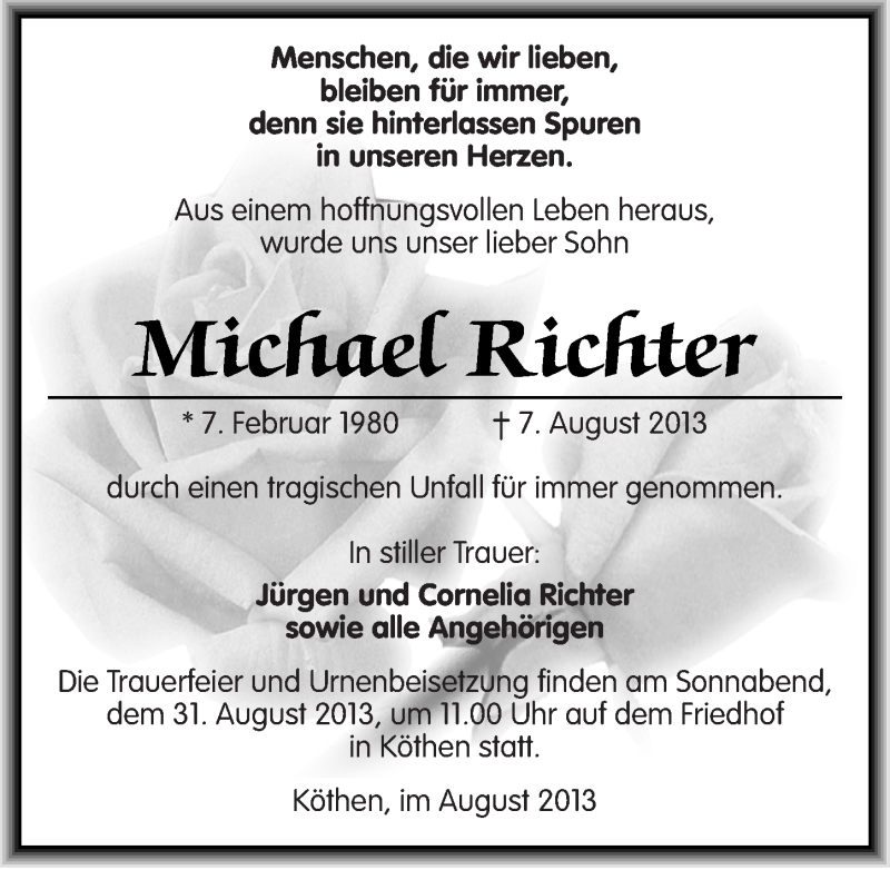  Traueranzeige für Michael Richter vom 29.08.2013 aus Mitteldeutsche Zeitung Köthen