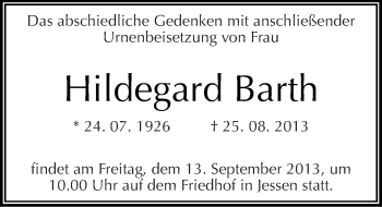 Traueranzeige von Hildegard Barth von Mitteldeutsche Zeitung Wittenberg