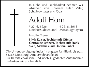 Traueranzeige von Adolf Horn von Mitteldeutsche Zeitung Köthen