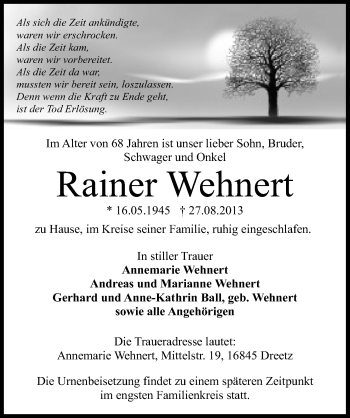 Traueranzeige von Rainer Wehnert von Mitteldeutsche Zeitung Halle/Saalkreis
