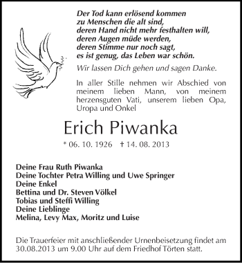 Traueranzeige von Erich Piwanka von Mitteldeutsche Zeitung Dessau-Roßlau