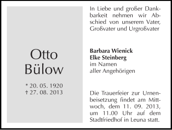 Traueranzeige von Otto Bülow von Mitteldeutsche Zeitung Merseburg/Querfurt